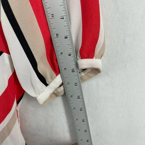 Halogen Wrap Blouse Women's Sz XS Coral Red White Striped Puff Sleeves Sheer - Picture 5 of 9